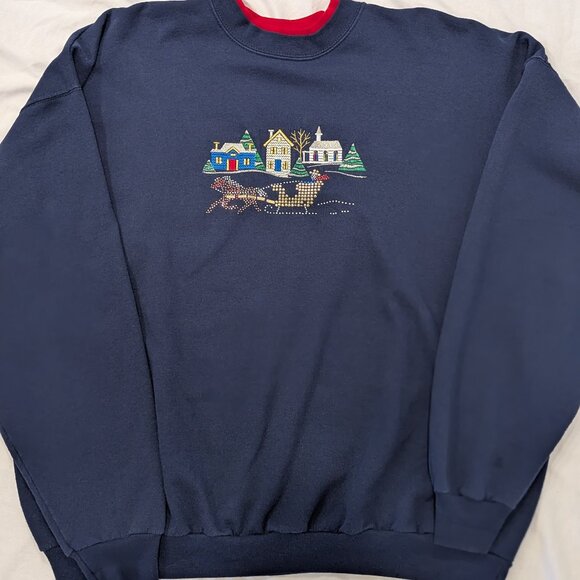 VTG Women Mc Energy Sportswear Christmas Navy Sweatshirt Sz XL Santa Rhinestone - Picture 1 of 5